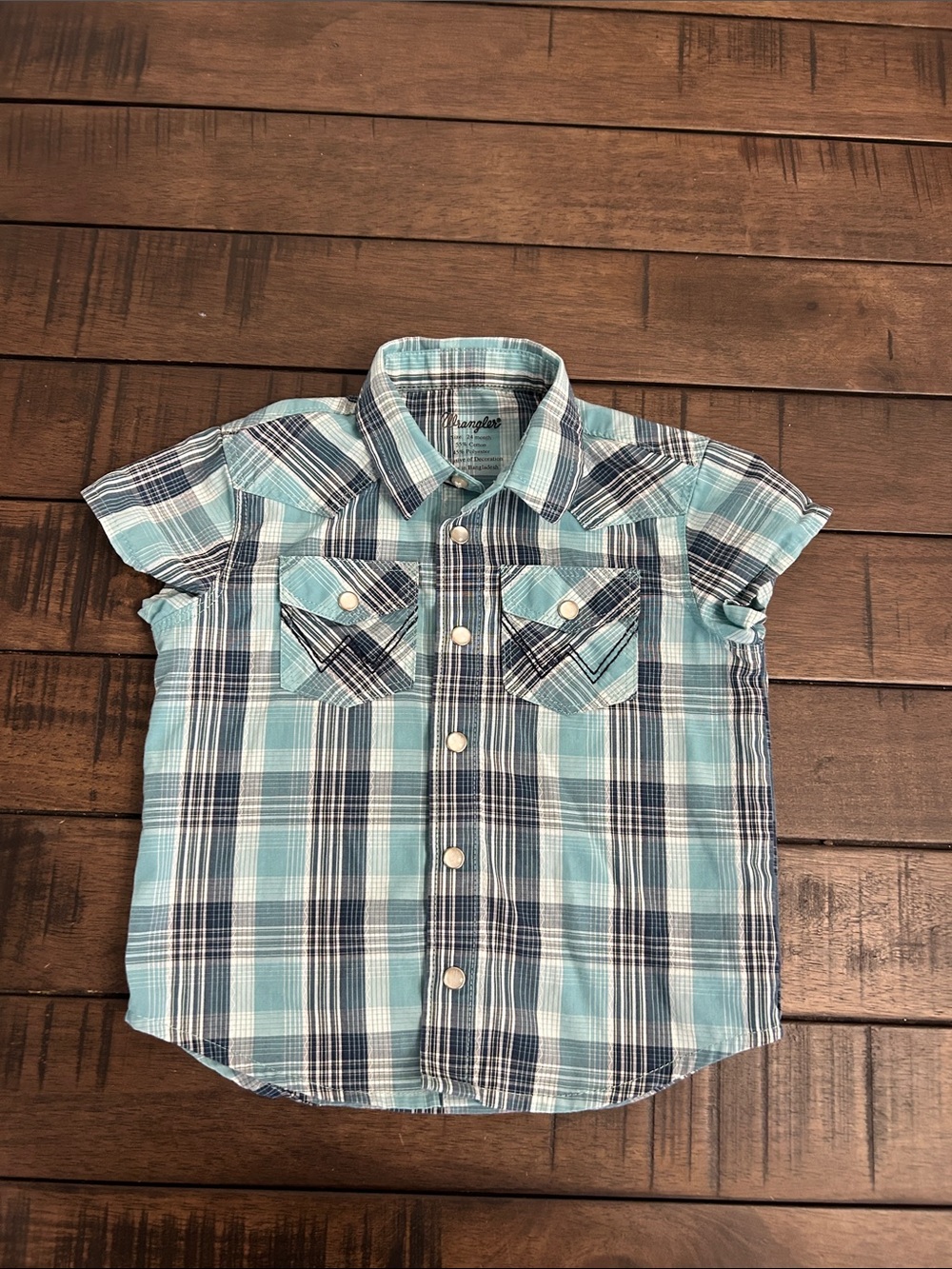 Wrangler Light Blue and Navy Plaid Short-Sleeve Pearl Snap Button-Down Shirt